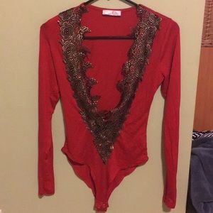 Red deep V neck bodysuit w/ black & gold lace trim